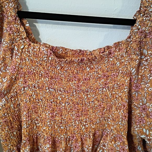 Peasant Milkmaid Top Long Ruffle Sleeve Smocked Size S* Peach Pink Ditsy Floral - Picture 6 of 8